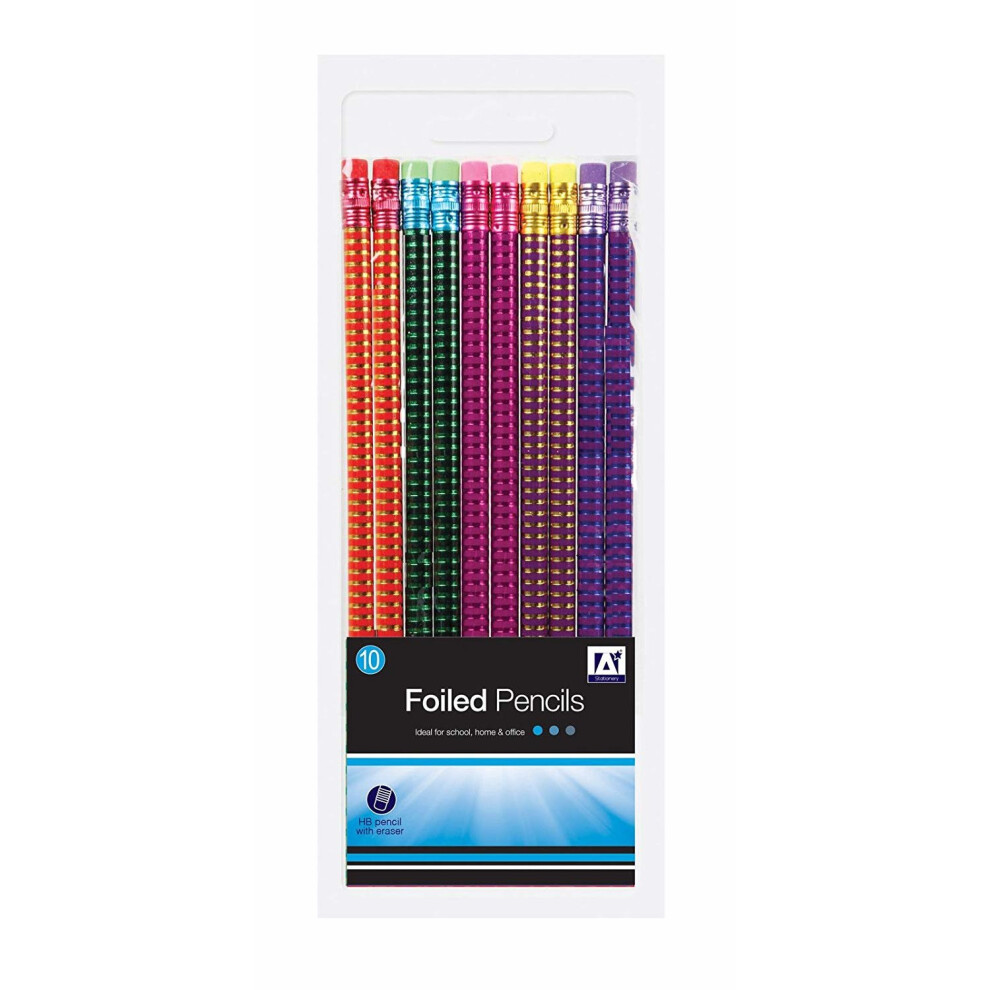 Pack Of 10 Foiled HB Pencils With Rubber Eraser Tip