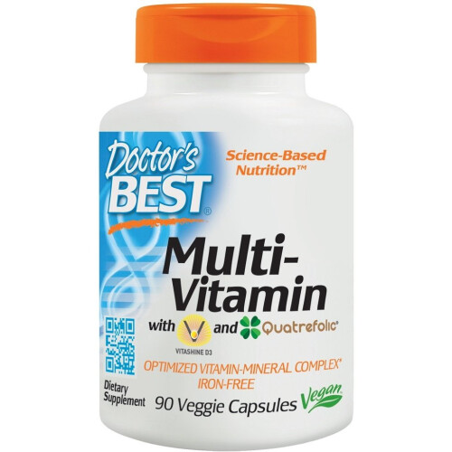 Doctor's Best, Multivitamínico com Vitashine D3 e Quatrefolic, Sem Ferro, 90 Cápsulas Vegetais