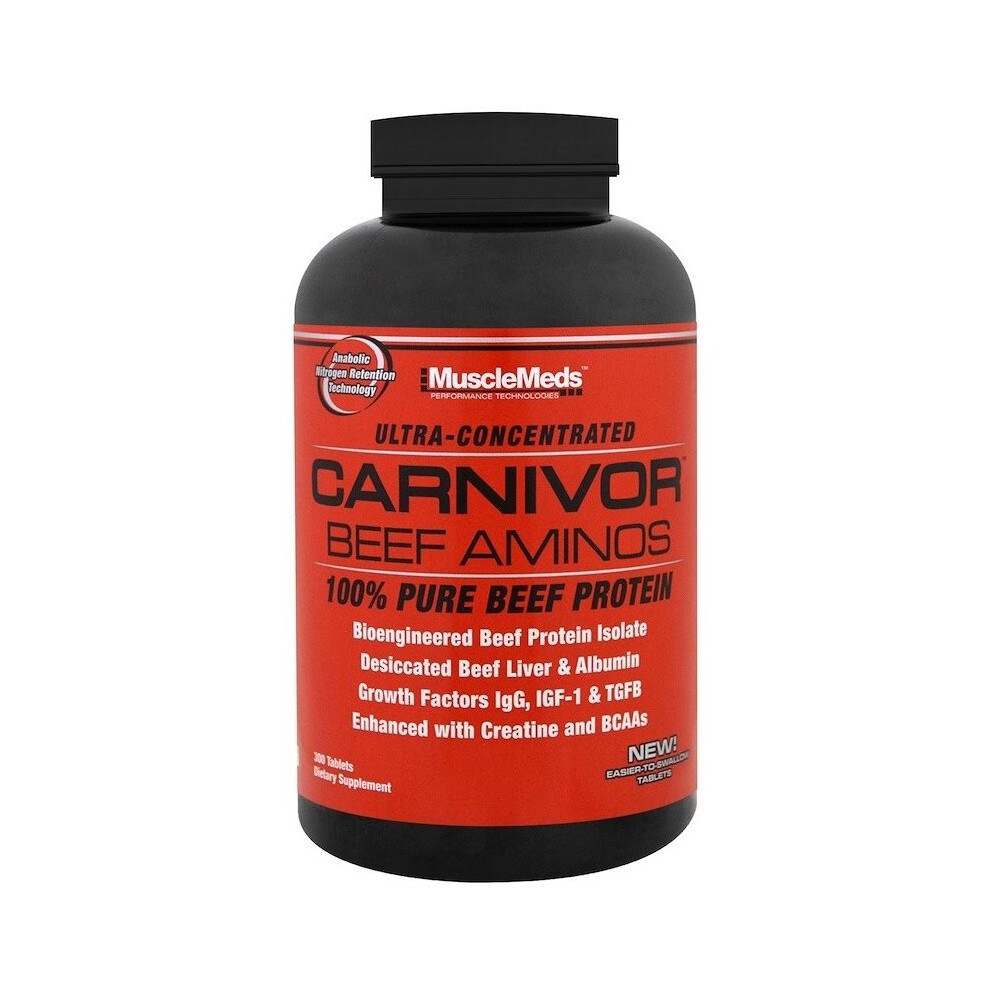 MuscleMeds Carnivor Beef Aminos - Ultra-Concentrated 300 Tabs with BCAAs, Creatine & Growth Factors for Muscle Growth