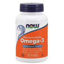 NOW Foods Omega-3 molekylärt destillerad - 100 mjuka gelkapslar, ren fiskolja för hjärt- och hjärnhälsa (EPA och DHA)