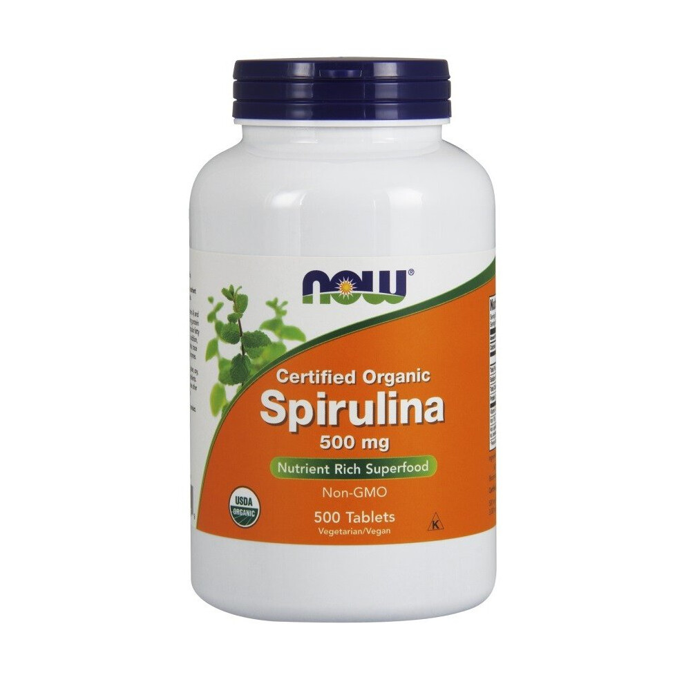 Now Foods Spirulina Certified Organic 500 Mg, 500 Tablets - Pure, Non-Gmo, Rich In Beta-Carotene, B-12 & Chlorophyll