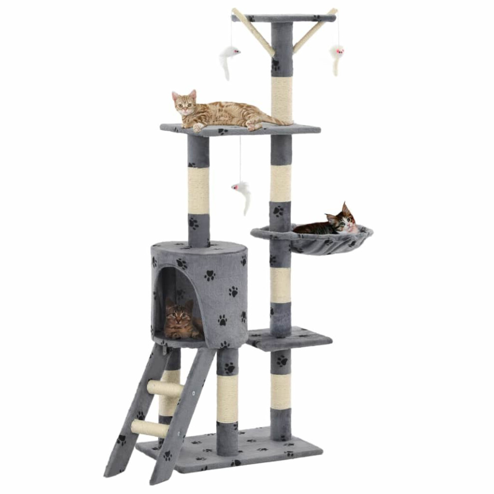 vidaXL Cat Tree with Sisal Scratching Posts 138cm Grey Paw Prints Kitten Tower