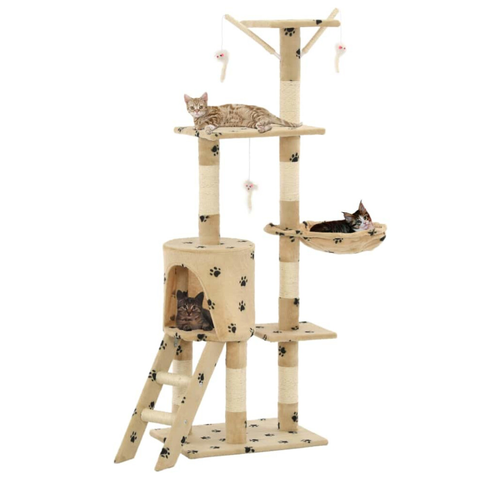 vidaXL Cat Tree With Sisal Scratching Posts 138cm Beige Paw Prints Play Tower