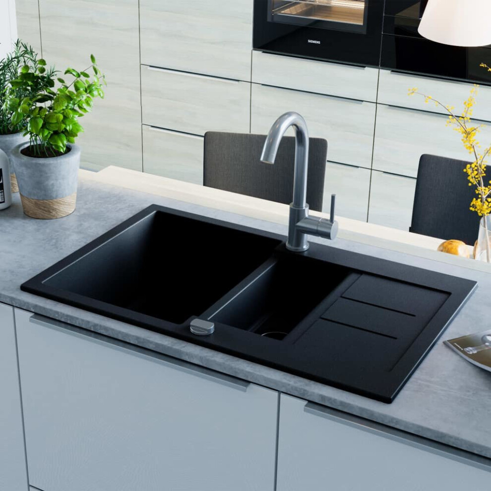 vidaXL Granite Kitchen Sink Double Basin Black Overmount with Basket Strainer