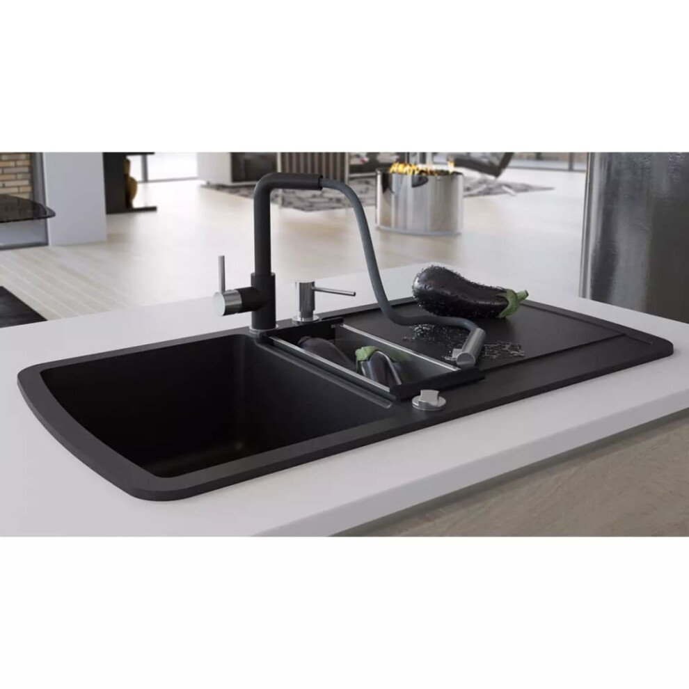 vidaXL Granite Kitchen Sink Double Basin Black Overmount with Basket Strainer