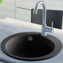 vidaXL Granite Kitchen Sink Single Basin Round Black Overmount Basket Strainer