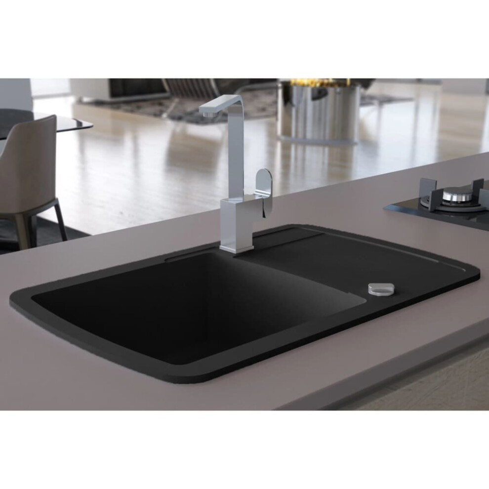 vidaXL Granite Kitchen Sink Single Basin Black Overmount with Basket Strainer