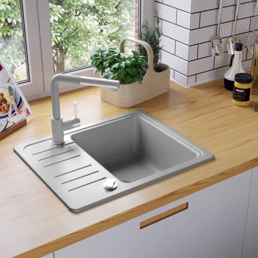 vidaXL Granite Kitchen Sink Single Basin Grey Overmount with Basket Strainer