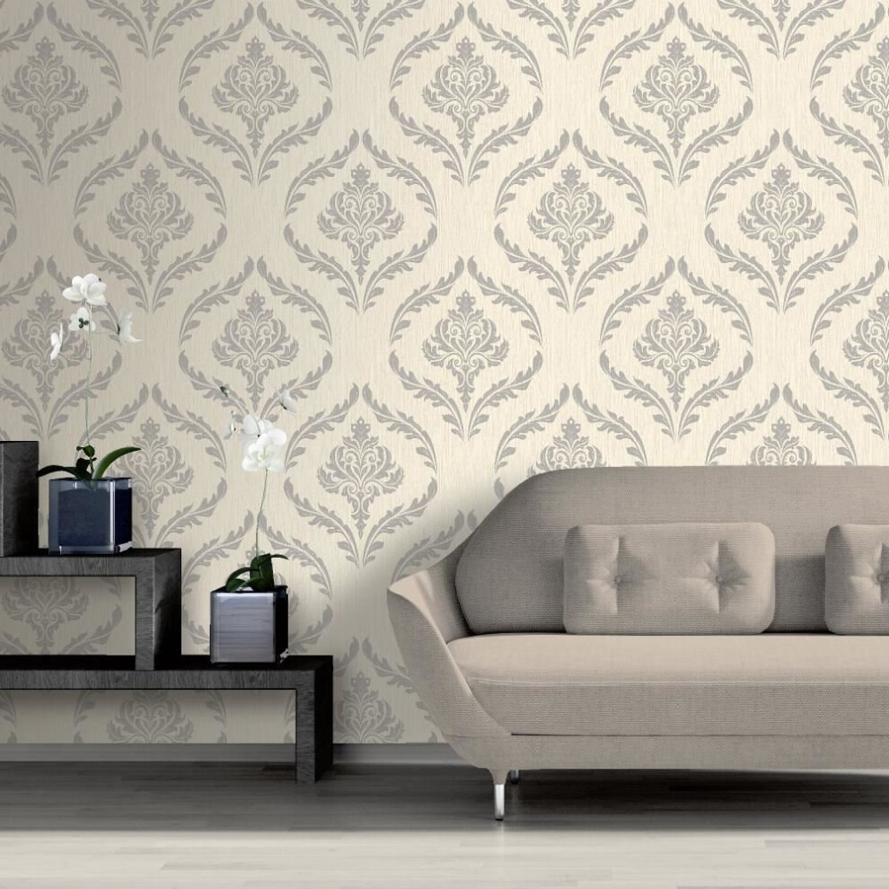 Debona Crystal Floral Leaf Damask Pattern Wallpaper Glitter Motif Textured Roll[IVORY SILVER 9031]