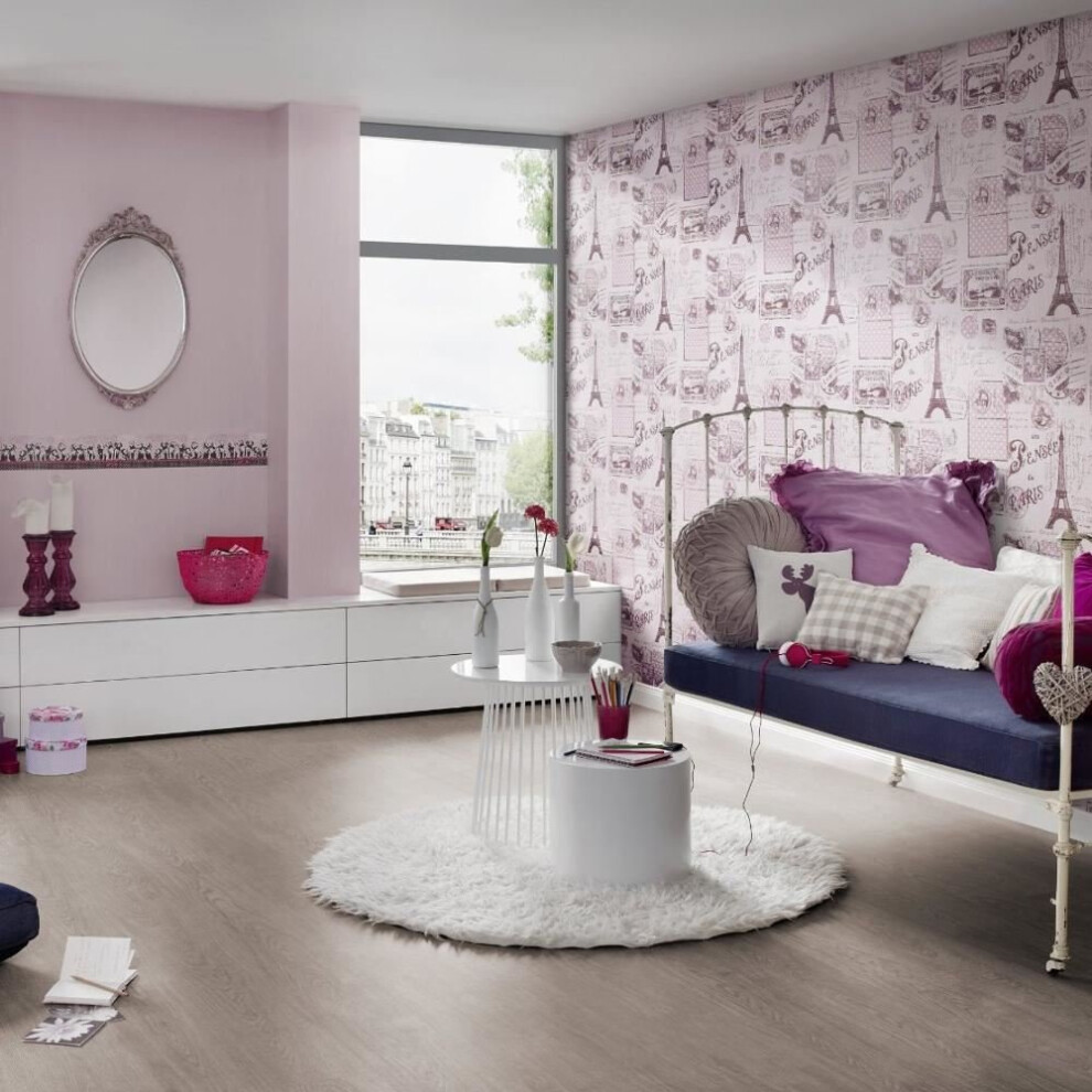 New As Creation Pink Paris Stamps Pattern Eiffel Tower Children Wallpaper 936302 4051315045640