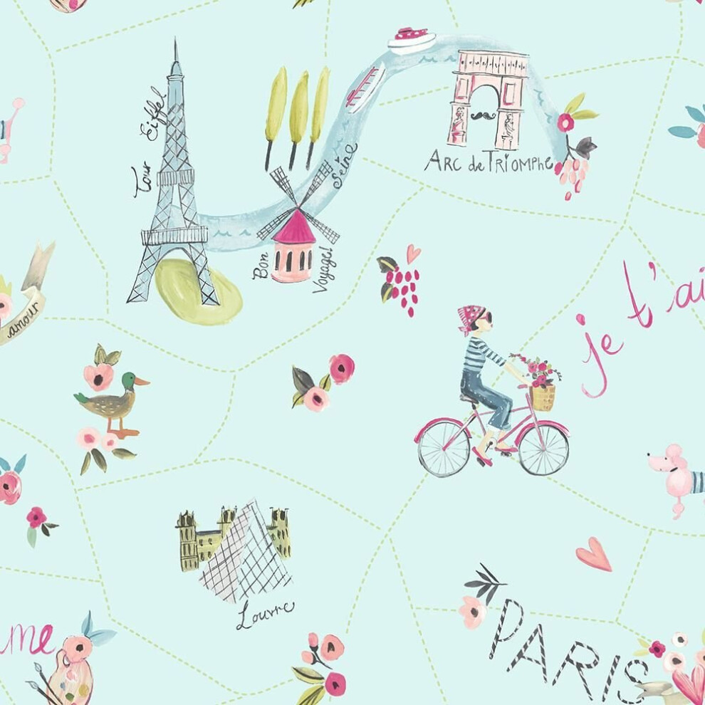 Arthouse Paris With Love Painting Pattern Wallpaper Glitter Motif Eiffel Tower[DUCK EGG 696104]