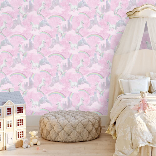 Holden Unicorns Pattern Children's Wallpaper with Glitter Motif - Castle & Rainbow (Code 12480) 2
