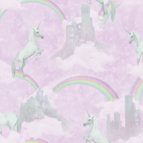 Holden Unicorns Pattern Children's Wallpaper with Glitter Motif - Castle & Rainbow (Code 12480)
