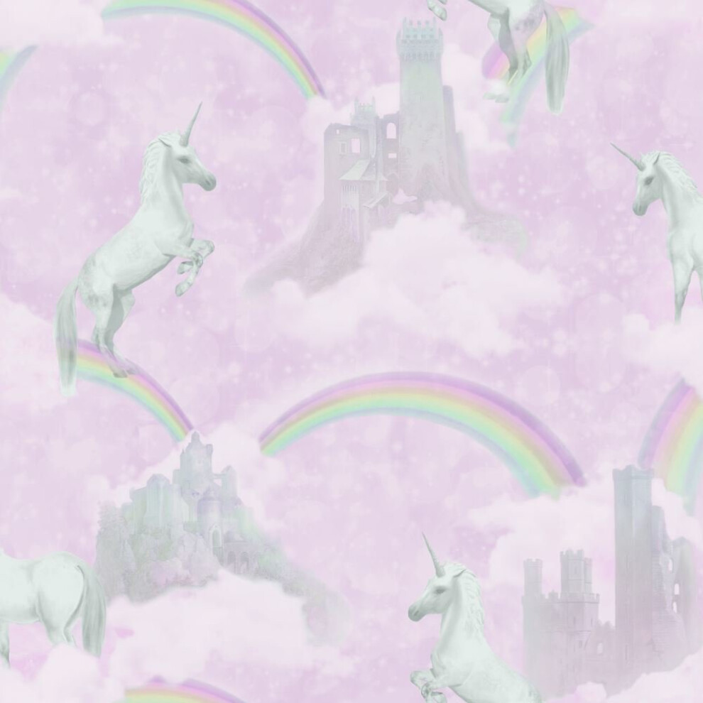 Holden Unicorns Pattern Children's Wallpaper with Glitter Motif - Castle & Rainbow (Code 12480)