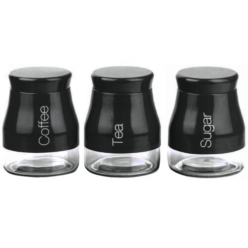 SET OF 3 KITCHEN STORAGE CANISTERS TEA COFFEE SUGAR JARS POTS CONTAINERS CADDY[BLACK]