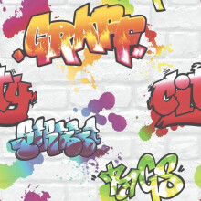 NEW RASCH GRAFFITI PAINTED WHITE BRICK PATTERN URBAN CHILDRENS WALLPAPER 272901