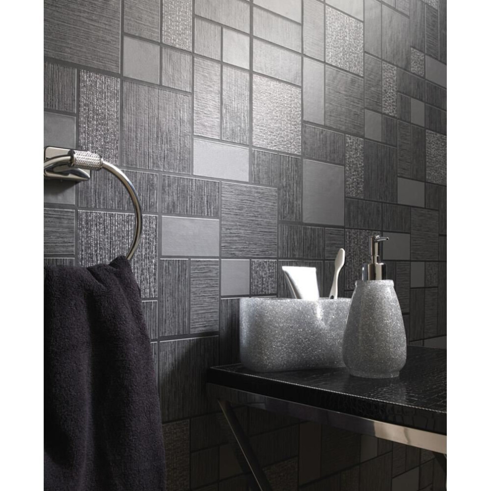 NEW HOLDEN DÃCOR TILE PATTERN GLITTER MOTIF KITCHEN BATHROOM VINYL WALLPAPER[BLACK 89240]