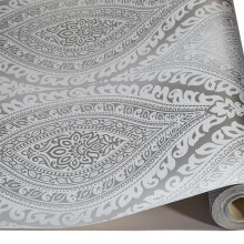 Grandeco Kismet Damask Pattern Wallpaper - Metallic Glitter Motif, Art Deco Roll, Silver A17703