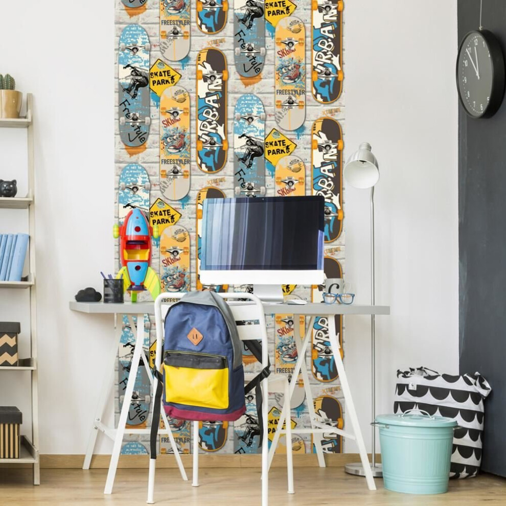 Muriva Skateboard Pattern Childrens Wallpaper Brick Effect Motif L29505 Roll 3294270295052