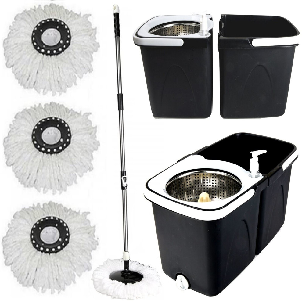 Black Space Saving 360° Rotating Dual Spin Dry Mop & Bucket 3 Microfibre Heads