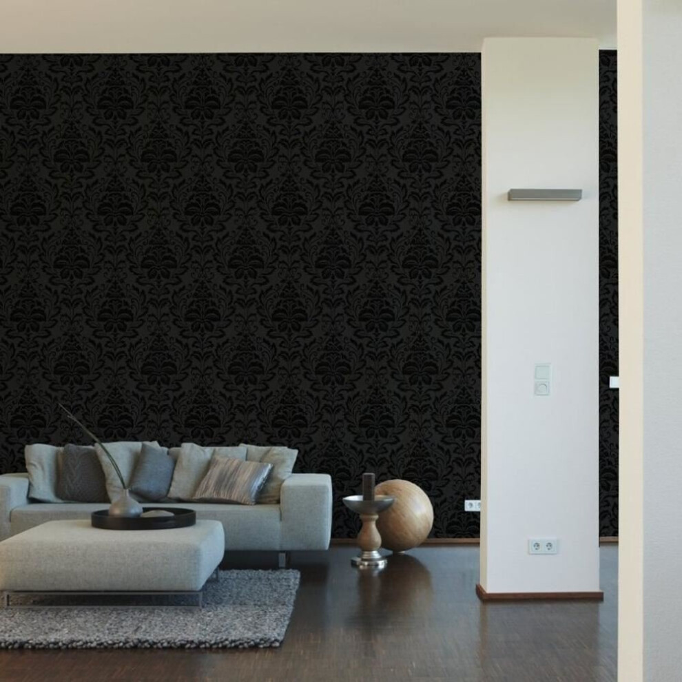 As Creation Flock Floral Damask Pattern Modern Metallic Embossed Leaf Motif Roll Wallpaper [Black 255426] 4000776255426