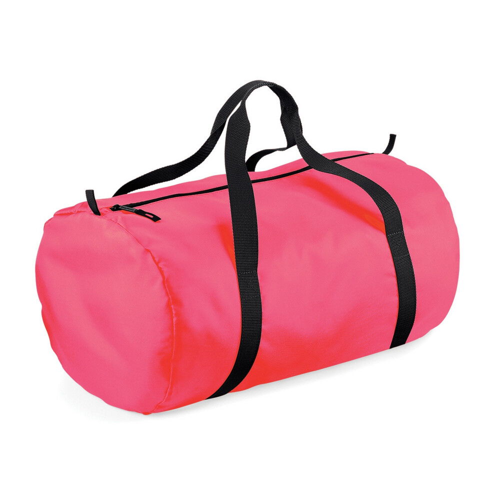 (One Size, Fluorescent Pink / Black) BagBase Packaway Barrel Bag / Duffle Water Resistant Travel Bag (32 Litres) (Pack of 2)