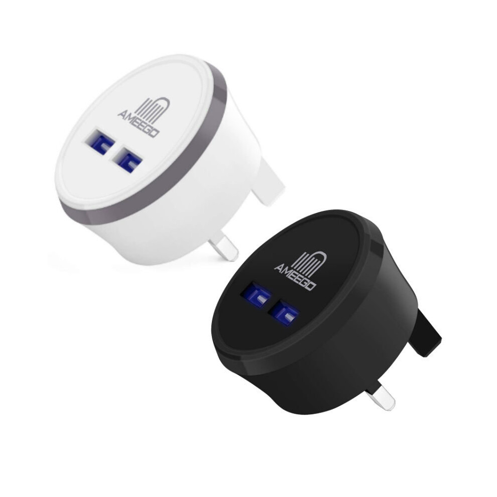 (White) Ameego Round  Dual USB 3 Amp Mains Charger Plug