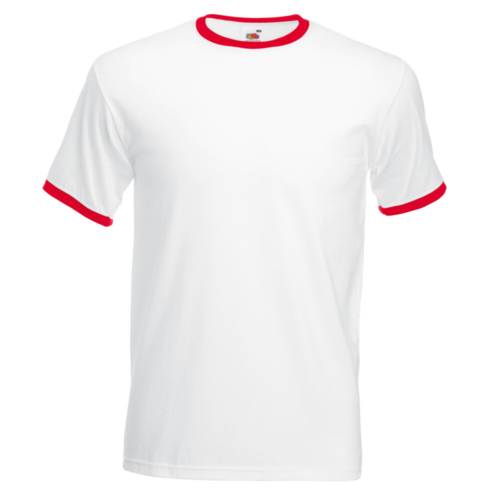 (M, White/Red) Fruit Of The Loom Mens Ringer Short Sleeve T-Shirt