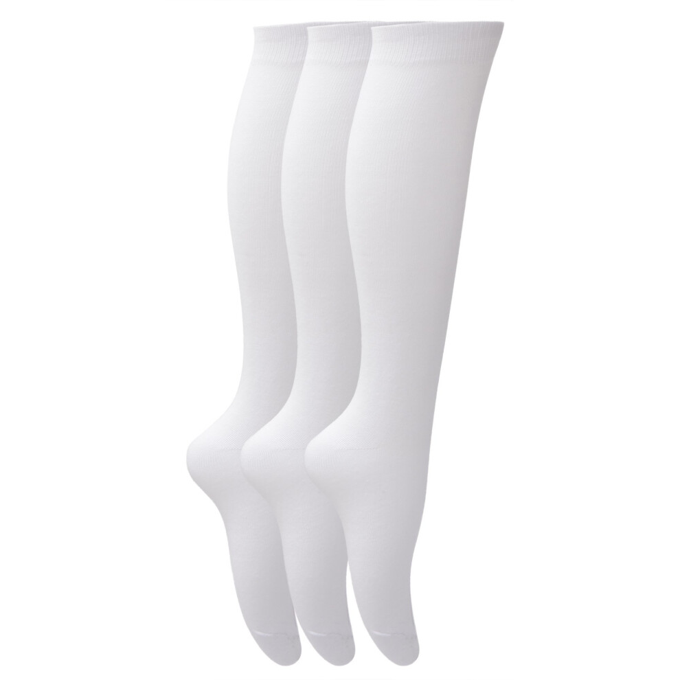 (UK Shoe 12-3 (Age: 8-12 years), White) Childrens Girls Plain Knee High School Socks (Pack Of 3)