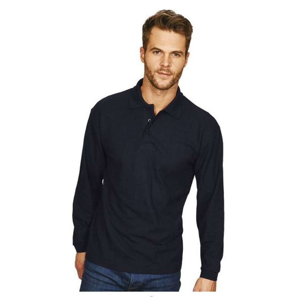 (L, Navy) Casual Classic Mens Long Sleeve Polo