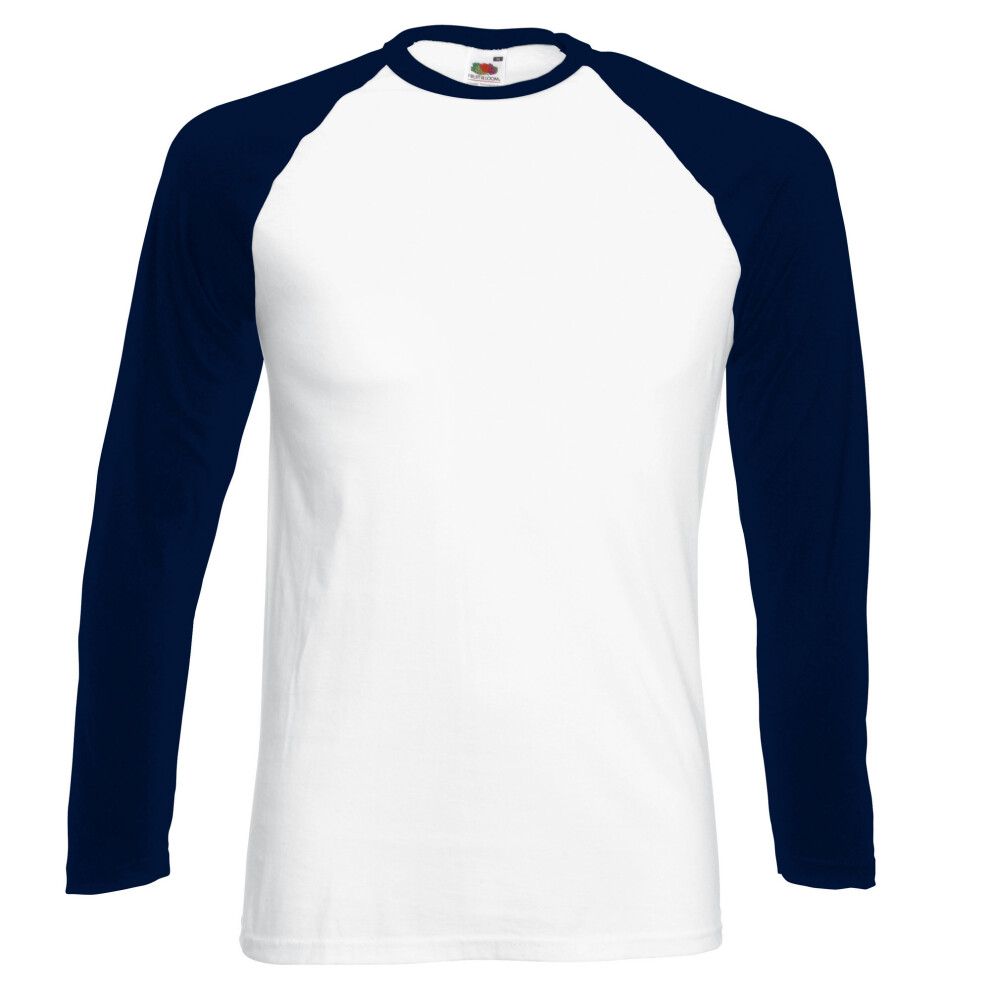 (M, White/Deep Navy) Fruit Of The Loom Mens Long Sleeve Baseball T-Shirt