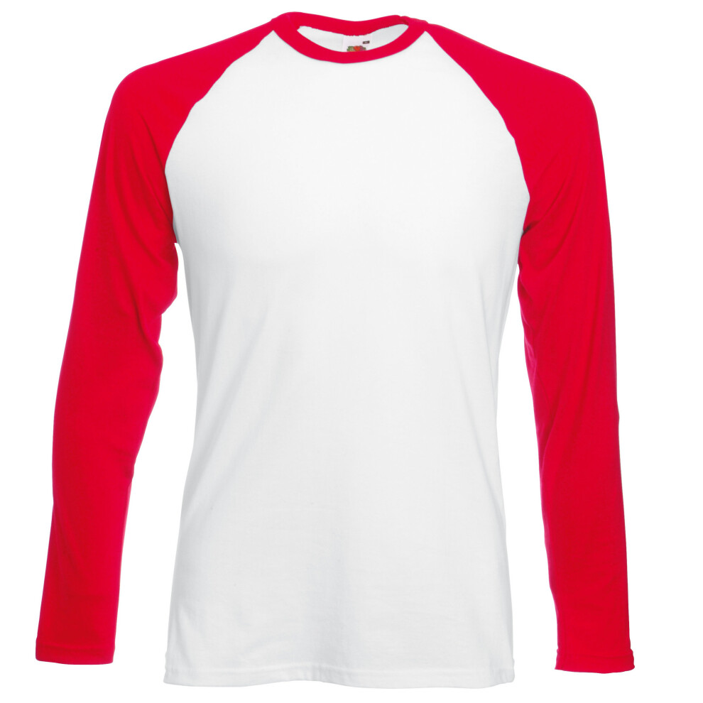 (L, White/Red) Fruit Of The Loom Mens Long Sleeve Baseball T-Shirt