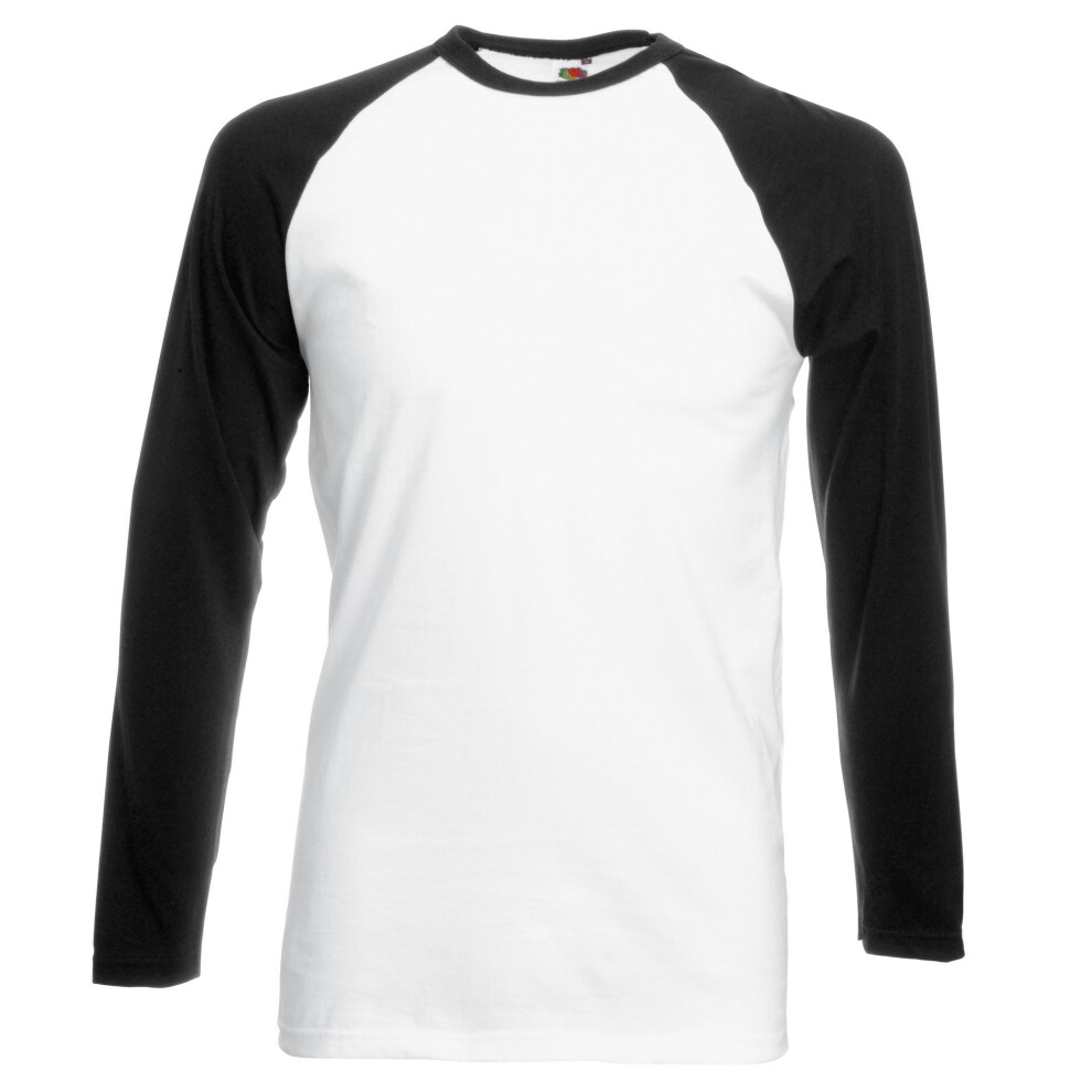 (L, White/Black) Fruit Of The Loom Mens Long Sleeve Baseball T-Shirt