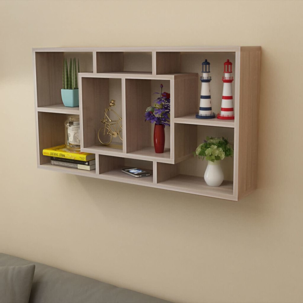 vidaXL Floating Wall Display Shelf 8 Compartments Oak Colour Hanging Storage