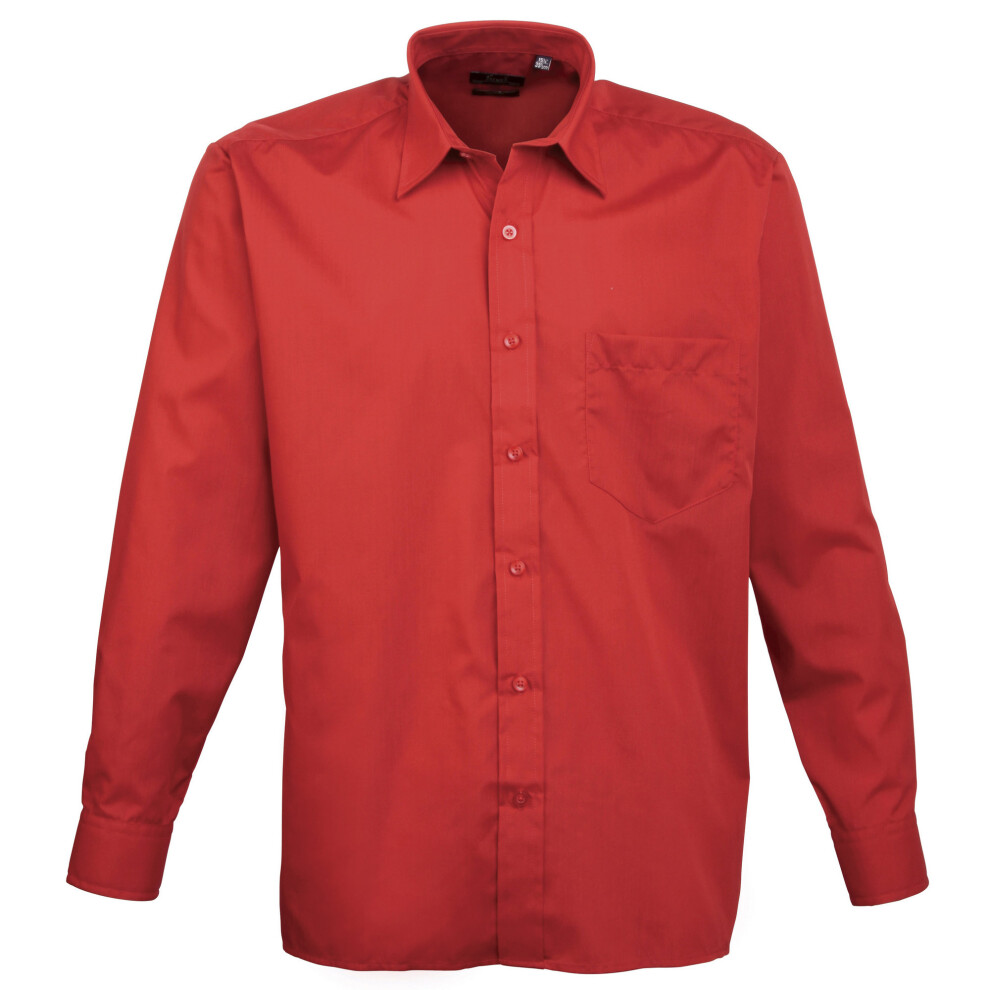 (18.5, Red) Premier Mens Long Sleeve Formal Plain Work Poplin Shirt