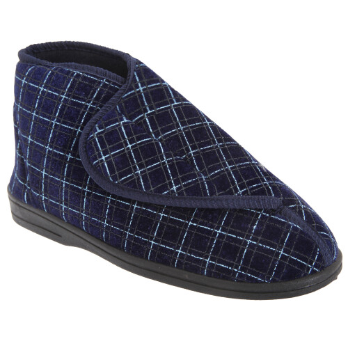 (10 UK, Navy Blue) Zedzzz Mens Bertie Check Velour Touch Fastening Bootee Slippers