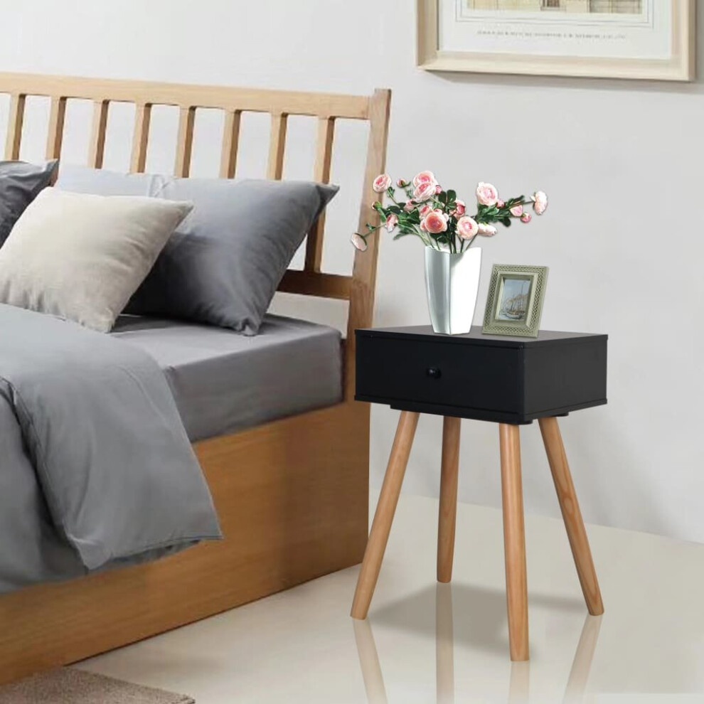 vidaXL 2x Solid Pinewood Bedside Tables 40x30x61cm Black Nightstand Drawer