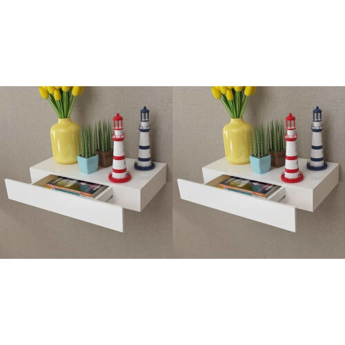 VidaXL vidaXL 2x Floating Wall Shelves with Drawers White 48cm Hanging Display Unit