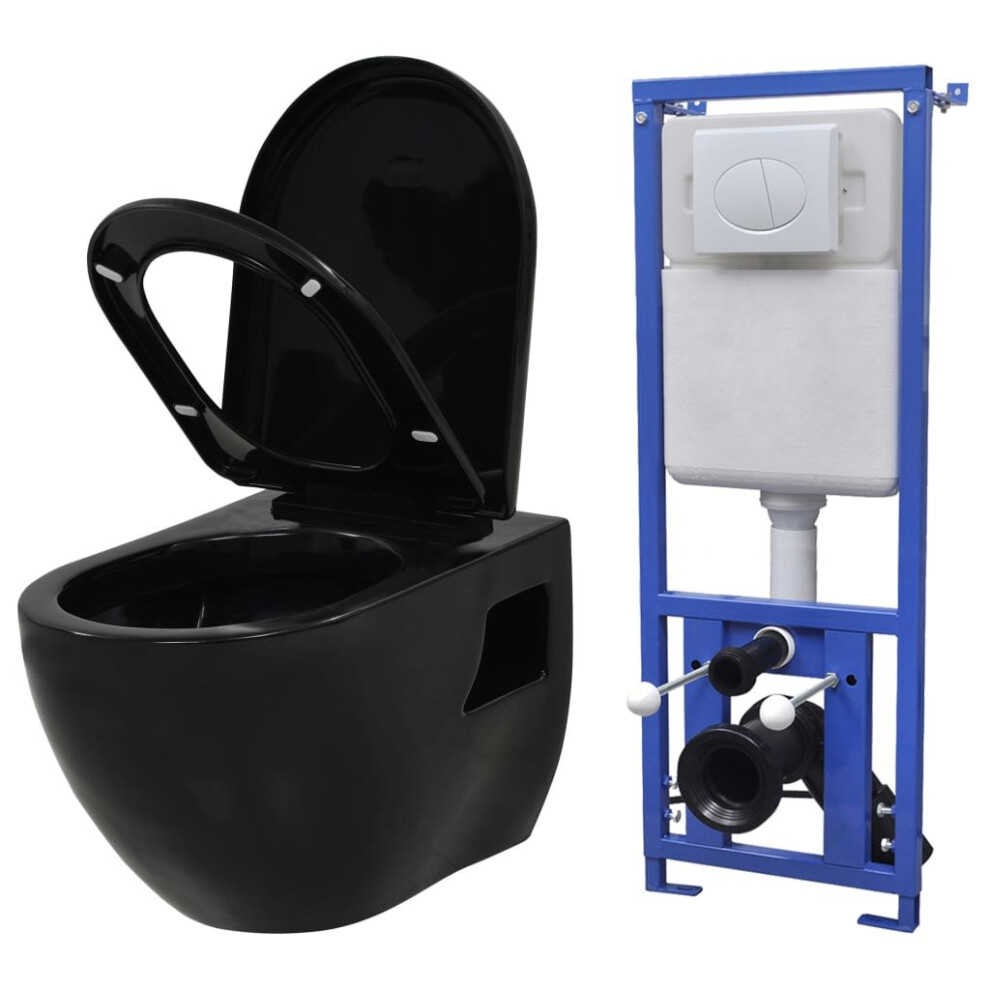 vidaXL Wall-Hung Toilet with Concealed Cistern Ceramic Black Bathroom Fixture