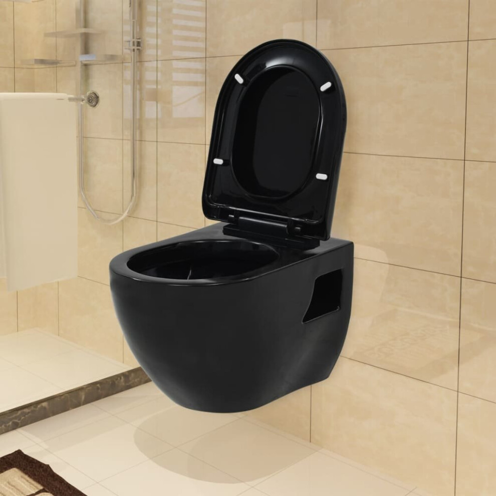 Vidaxl Wall-Hung Toilet Ceramic Black Home Bathroom Furniture Wc Seat Fixture