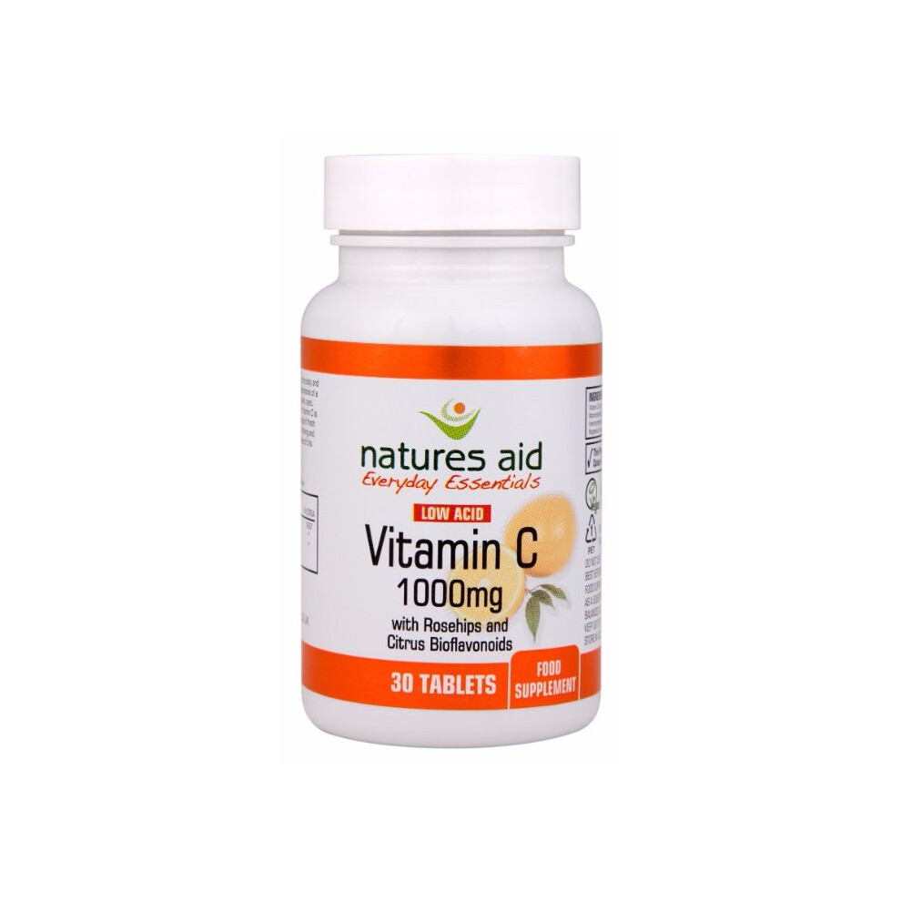 Natures Aid Vitamin C 1000mg Low Acid (with Rosehips & Citrus Bioflavonoids) , 30 Tablets. Suitable for Vegans.