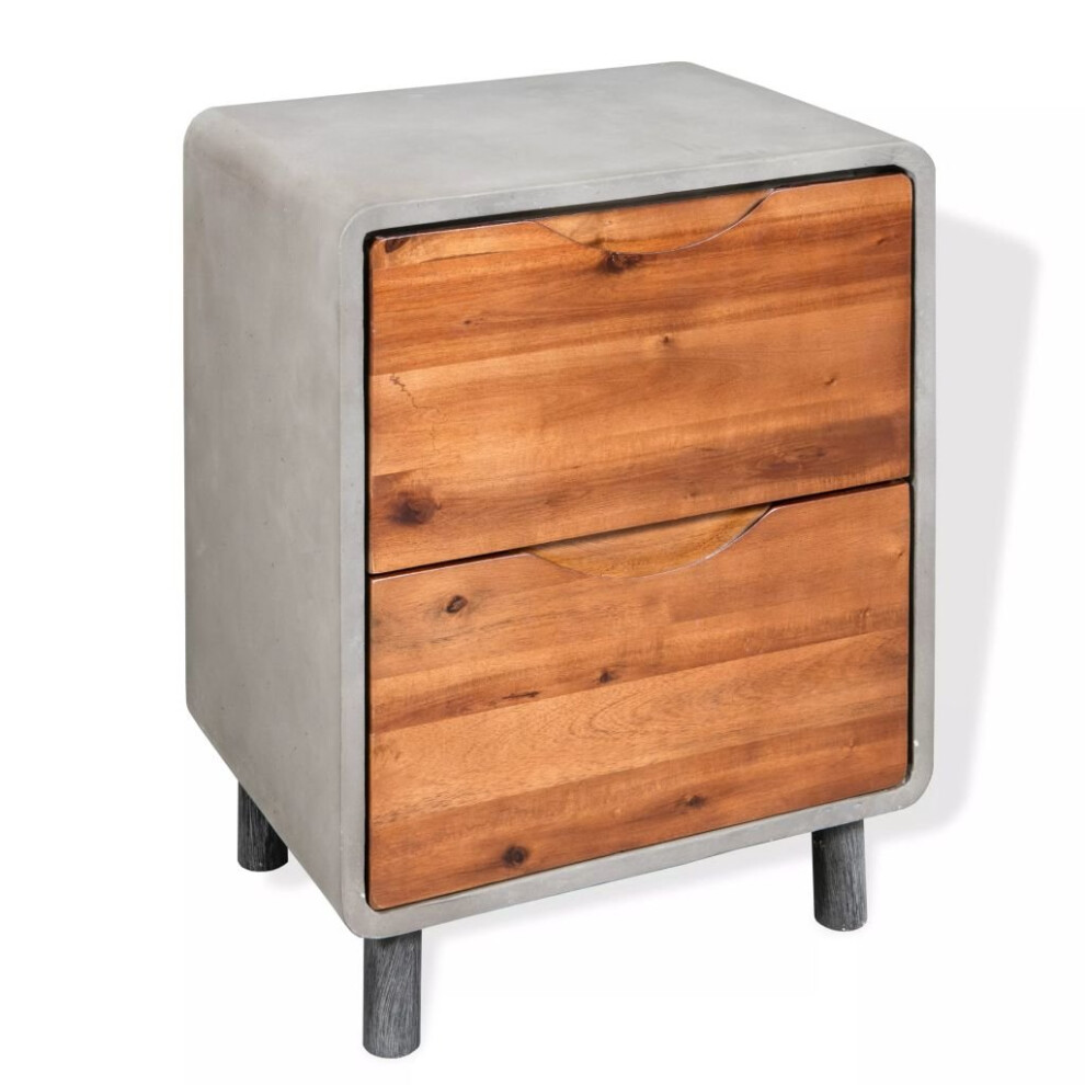 vidaXL Solid Acacia Wood Nightstand Concrete Bedroom Bedside Table 2 Drawer