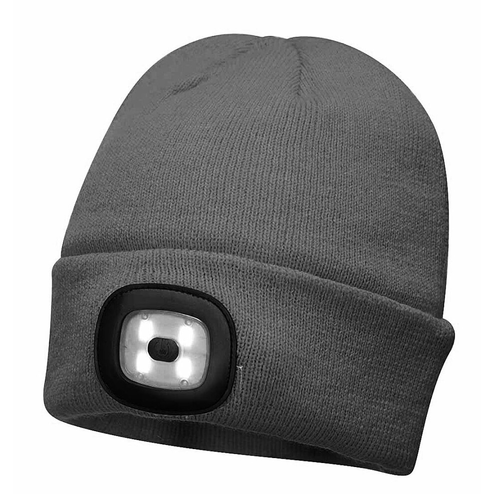 (One Size, Grey) Portwest - Unisex Beanie Hat With LED Head Light Torch Rechargeable Via USB