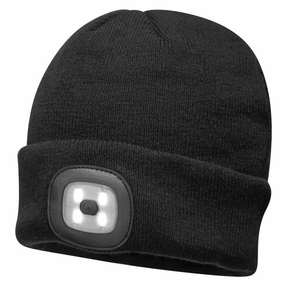 (One Size, Black) Portwest - Unisex Beanie Hat With LED Head Light Torch Rechargeable Via USB