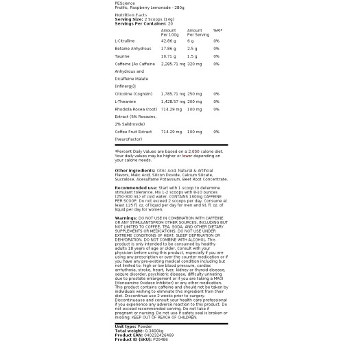 PEScience, Prolific, Pre Workout, Raspberry Lemonade, 9.88 oz (280 g)