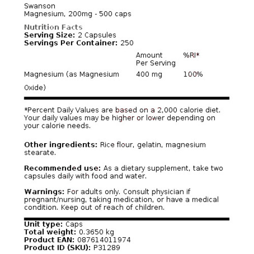 Swanson, Οξείδιο του Μαγνησίου, 400 mg, 500 Φιαλίδια (200 mg ανά Φιαλίδιο) 1