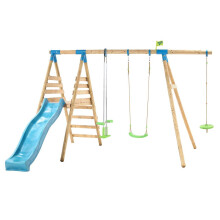 TP Toys Galapagos Wooden Swing Set and 8FT Slide With Monkey Seat 3 Years+ Colour Green and Blue