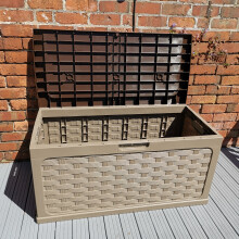 335 Litre Dark Brown Rattan Effect Garden Storage Box with Sit on Lid