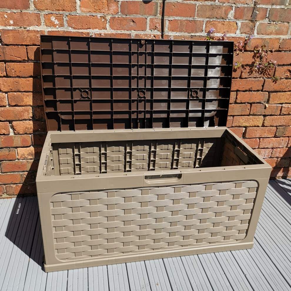 335 Litre Rattan Style Garden Cushion Storage Box with Sit on Lid in Dark Drown