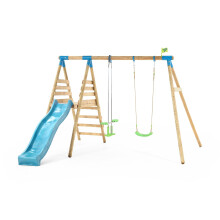 TP Toys Alaska Wooden Double Swing Set and 8FT Slide With Climb Up Deck Ages 3 Years+ Colour Green and Blue